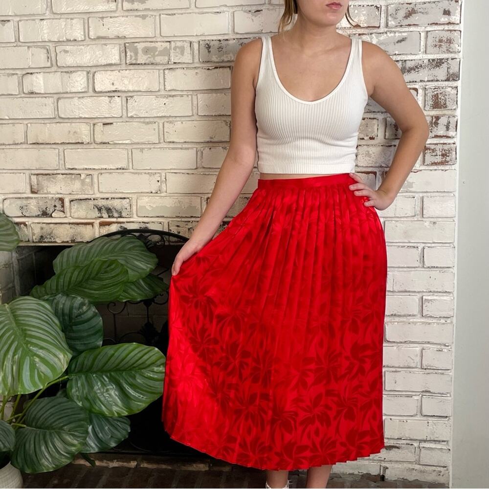 Vintage 90s Argenti Bold Red Silk Pleated Floral Embossed Maxi Skirt
